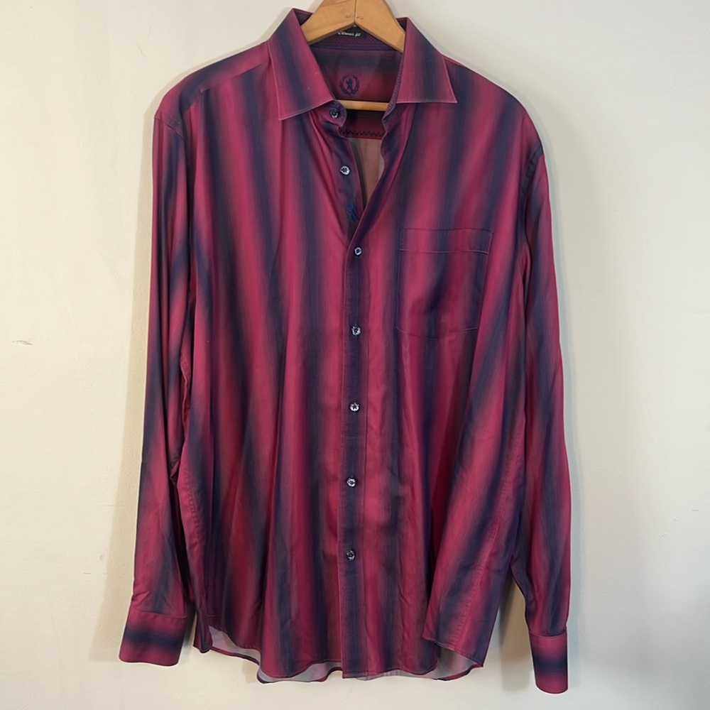 Bugatchi Men’s Button Up Dress Shirt Magenta and Purple Stripe Ombré Size Large